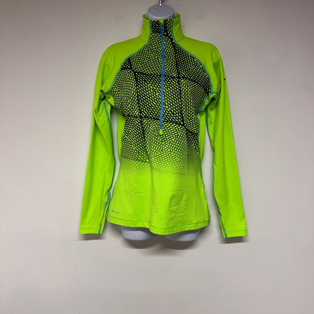 Nike Dri-FIT Top S Women Quarter Zip Geometric Neon Green Athletic Sporty Gym